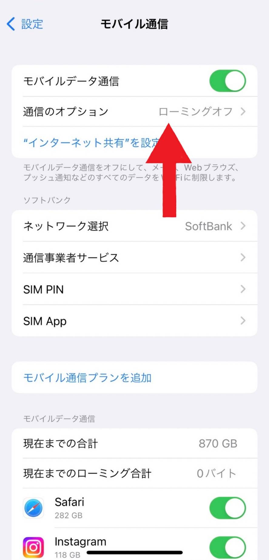 iphone設定画面「通信のオプション」